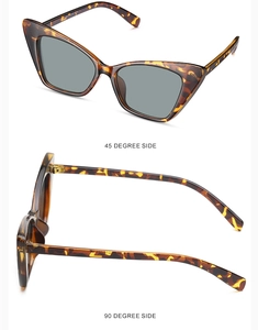 Cat-eye sunglasses with tortoise shell frame shown in 45 and 90 degree side views
