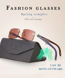 Detail of rimless square sunglasses featuring wood grain spring temples and folding case
