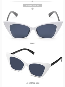 Front and 45-degree side views of white cat-eye sunglasses with gray lenses