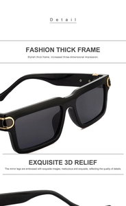Detail view of fashion square sunglasses with exquisite gold 3D relief on thick black frames