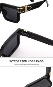 Detail view of square sunglasses with integrated nose pads and gold metal accents
