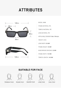Detailed size chart for square frame PC sunglasses showing dimensions 66mm lens and 145mm width
