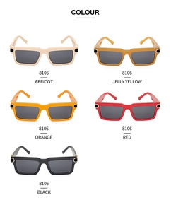 Rectangle sunglasses showcase in apricot, jelly yellow, orange, red, and black colors