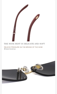 Detail of wooden texture arms and soft silicone nose pads on rimless sunglasses