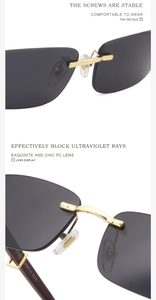 Detail of rimless sunglasses with UV400 PC lenses and gold metal hinge connectors