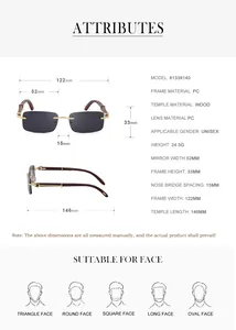 Detailed size chart for rimless wood grain sunglasses with frame and lens measurements
