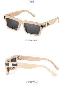 Detailed views of beige square sunglasses featuring golden metal accents on the temples