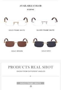Detail view of four frameless vintage wood grain sunglasses styles with metallic temples