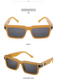 Front and side view of jelly yellow rectangular sunglasses with metal hinge detail