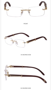 Three-angle view of rimless sunglasses with gold metal hinges and dark wood grain temples