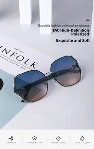 Detail view of large polarized sunglasses with TAC lenses and metal frame specifications