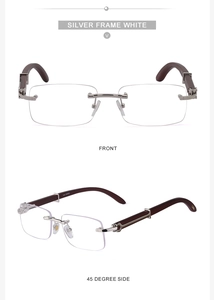 Close-up of rimless silver sunglasses with vintage wood grain temples and 140 Paris text