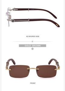 Detail view of gold metal hinges and wood texture temples on rimless sunglasses