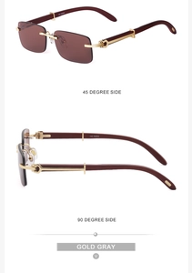 Detail of rimless rectangle sunglasses with gold accents and wood texture temples