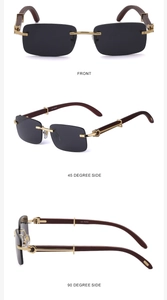 Detailed views of rimless sunglasses with gold hardware and brown wood grain temples