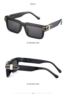Detailed views of black square sunglasses with vintage C-shaped gold metal accents