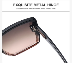 Détail des charnières métalliques robustes sur des lunettes de soleil carrées noires