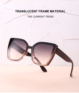 Detail of translucent tea-colored frame and gradient lenses on women's cat-eye sunglasses
