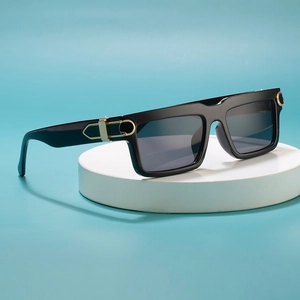 Retro square frame sunglasses with luxury gold C-decor metal hinges on black temples