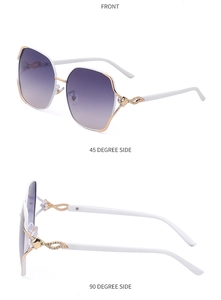 Three views of white oversized polarized sunglasses with purple gradient lenses and rhinestones
