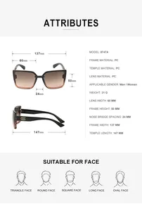 Tableau des tailles détaillé pour lunettes de soleil carrées avec dimensions de monture