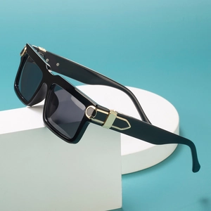 Chic black square frame sunglasses featuring luxury gold geometric temple accents