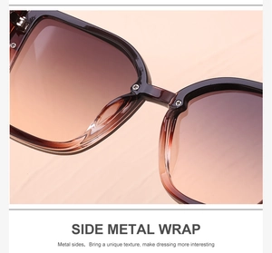Macro detail of tortoiseshell sunglasses frame with side metal wrap and screw hinge