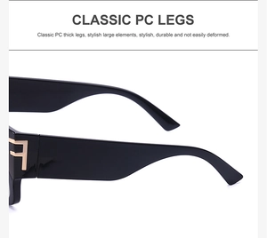 Detail of wide PC legs on square sunglasses with iconic gold T-shaped metal logo