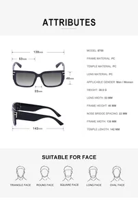 Detailed size chart for square frame sunglasses with frame and lens measurements