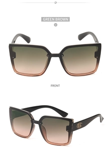 Détails de lunettes de soleil carrées noires avec verres dégradés vert-brun et logo
