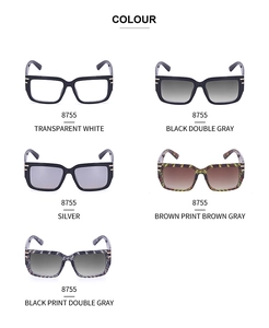 Detailed view of square frame sunglasses in five color options with metallic hinges
