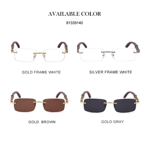 Retro rimless sunglasses with wooden temples and C-shaped metal hinges in various colors