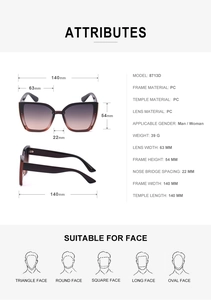 Detailed size specifications for cat eye sunglasses with brown gradient lenses