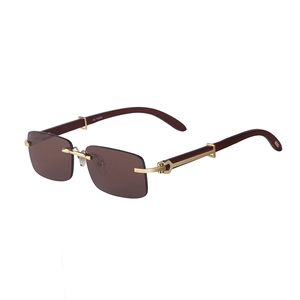 Frameless wood grain sunglasses with brown gradient lenses and C-shape metal hinge detail