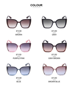 Detailed display of cat eye sunglasses in six stylish colors with metal temple accents