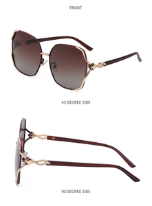 Detailed views of oversized polarized sunglasses with rhinestone inlay and brown lenses