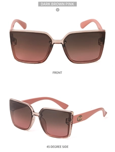 Détail de lunettes de soleil carrées roses avec verres dégradés et logo doré