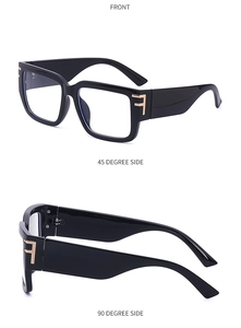 Detailed views of black square sunglasses featuring a signature gold metal F letter on hinges