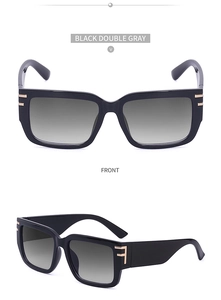 Front and 45-degree angle views of oversized black square sunglasses with gold metal accents