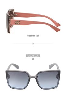 Détail des lunettes de soleil carrées avec verres dégradés gris-bleu et logo rose corail