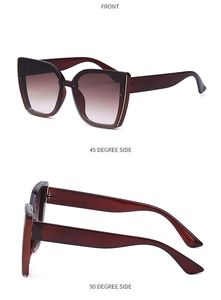 Detailed views of women's oversized cat-eye sunglasses with brown gradient lenses
