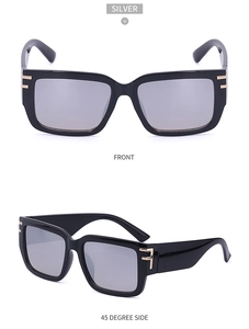 Front and 45-degree side view of oversized square silver mirror lens sunglasses with gold metal