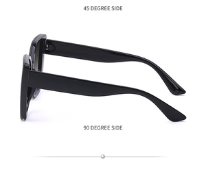 Detailed 45 and 90 degree side views of fashionable oversized black cat-eye sunglasses