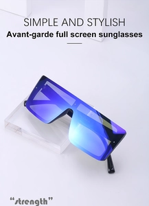 Close-up of avant-garde blue mirrored full screen sunglasses on white geometric display