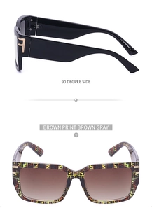 Detail view of square sunglasses with gold metal hardware and classic patterned frames