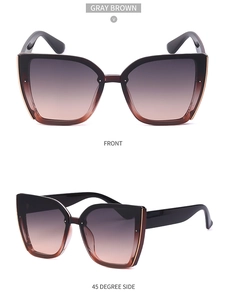 Detail of gray brown gradient lenses and black cat-eye frame sunglasses for women