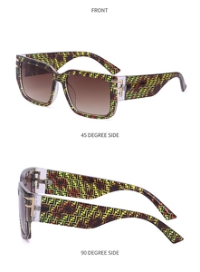 Detailed multi-angle views of square sunglasses with F-monogram pattern and gold hardware