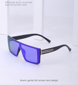 Close-up of oversized shield sunglasses featuring a purple mirror lens and gold hinge detail