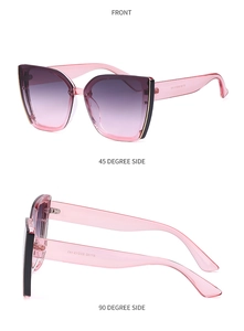 Detailed views of pink gradient cat-eye sunglasses with translucent frames and side accents