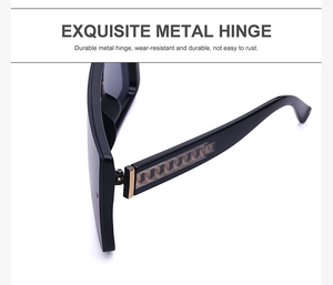 Close-up of durable metal hinge on black oversized sunglasses with rust-proof feature